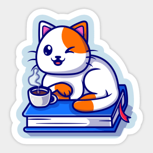 Cute Cat Sitting On Book Cartoon Sticker